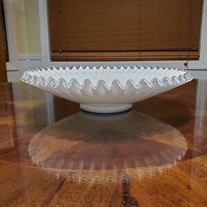 Fenton Silver Crest Ruffled Fruit Bowl Crimped White Glass